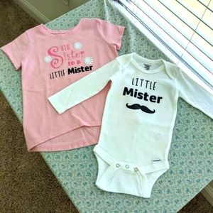 Big Sister and Little Mister Sibling Outfit Set - Size 2T Girls and 3-6 Mos Boys